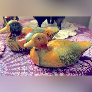 Vintage 1980s ENESCO Ceramic Mallard Mother & Duckling Figures Set Fruit Design